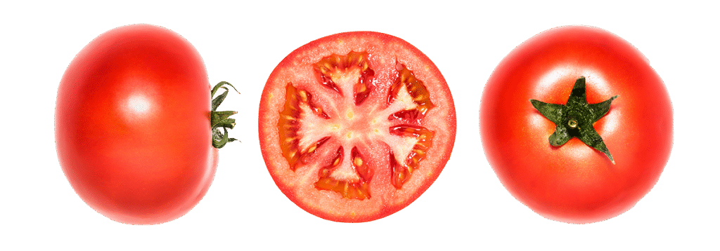 Frische rote Tomaten, ganz und aufgeschnitten – Aubergine & Zucchini setzt auf Frische und Regionalität